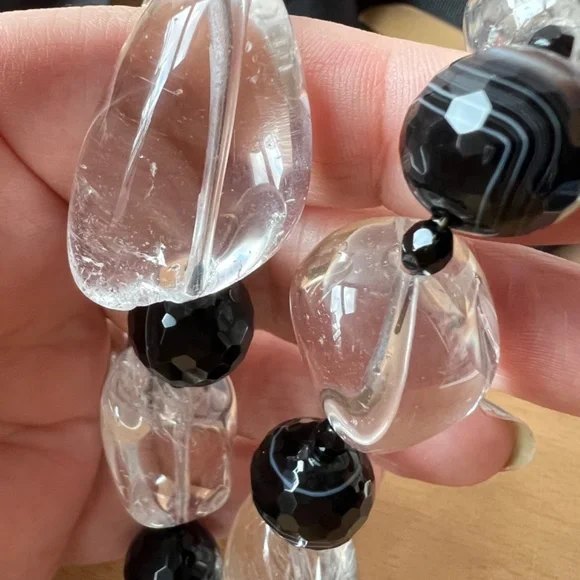 HUGE VINTAGE ROCK CRYSTAL & BANDED AGATE FACETED BEADS LONG CUSTOM MADE NECKLACE